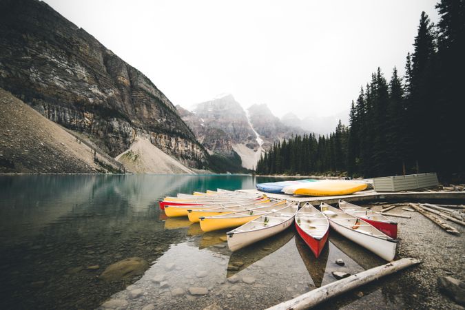 Yellow and green kayaks on river near green trees and mountain