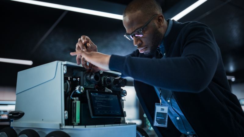 Engineer Using a Screwdriver While Developing a Remotely Controlled Delivery Robot. Black Specialist Working in High Tech Research Laboratory with Modern Equipment