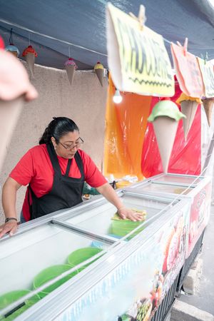 An Hispanic woman is cleaning the ice cream freezer in her street market stall