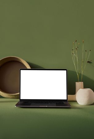 Laptop with blank screen on green desk