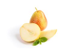 Fresh sweet pears with mint isolated on blank background