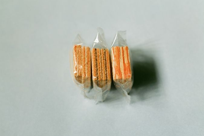 Stacked small packages of wafer biscuits