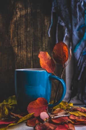 Side view of autumnal cup of coffee with coffee leaves