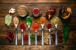 Set of various spices on table