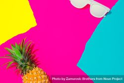 Pineapple and sunglasses on pattern of ripped paper in vivid colors 0ygRG4
