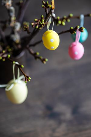 Close up of branches decorated with pastel egg on table