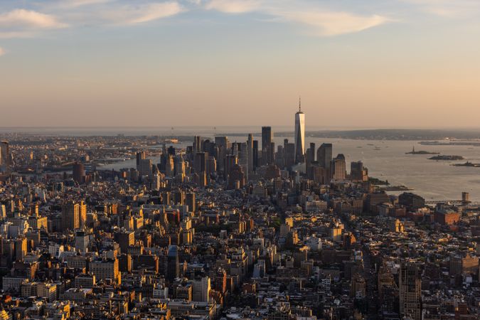 Scenic Aerial New York City View From Midtown Towards Lower Manhattan Architecture. Panoramic Wall Street Financial District Shot from a Helicopter. Cityscape with Office Buildings and Skyscrapers