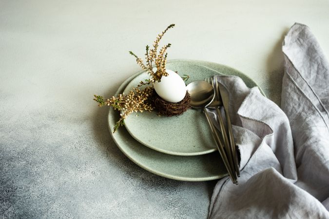 Decorative egg in delicate nest on ceramic plate with space for text