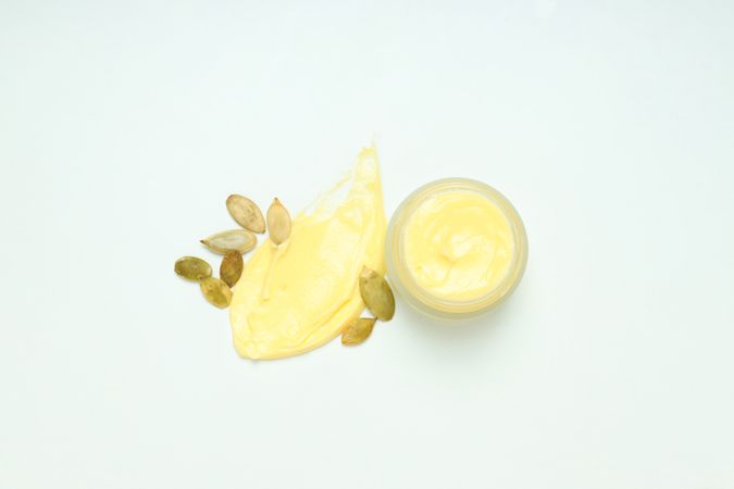 Concept of different cosmetic products, Pumpkin cosmetics, top view