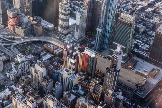 Aerial New York City View of Manhattan Residential and Office Architecture. Daytime Photo from a Helicopter. Cityscape with Skyscrapers Near Central Park in Midtown Area