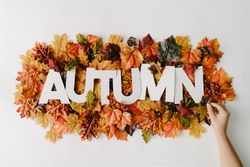 “AUTUMN” in light paper surrounded with fall leaves with hand placing last letter
