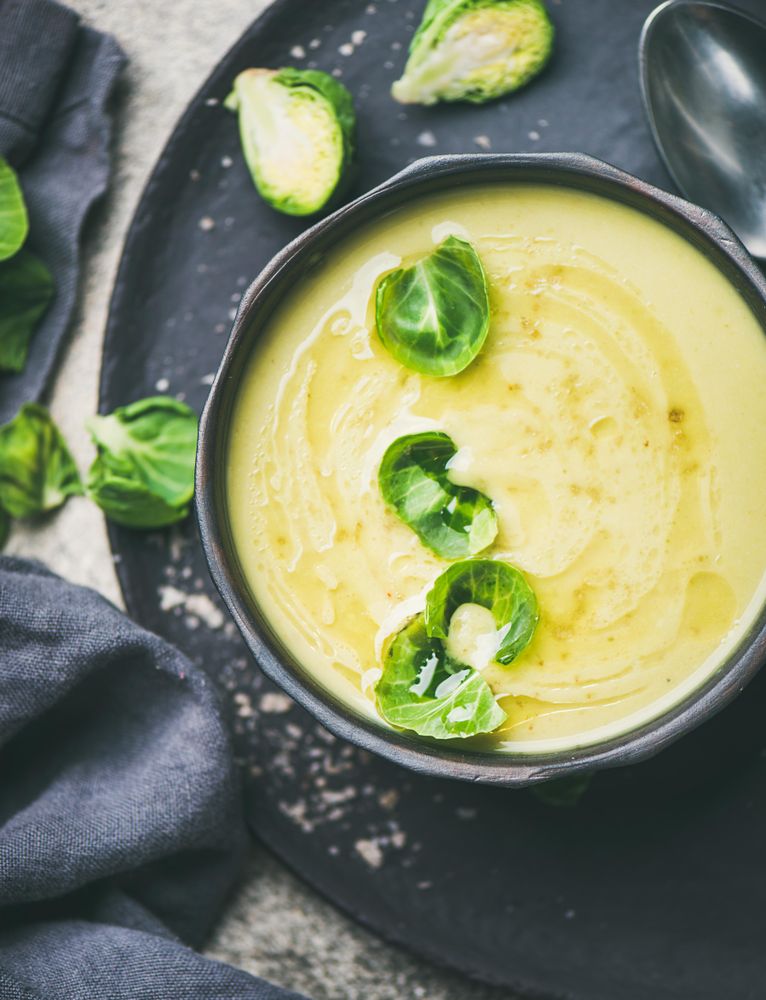 Bowl of Brussels sprout soup, on dark plate, vertical composition, close up