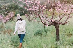 Anonymous woman walking near blooming tree