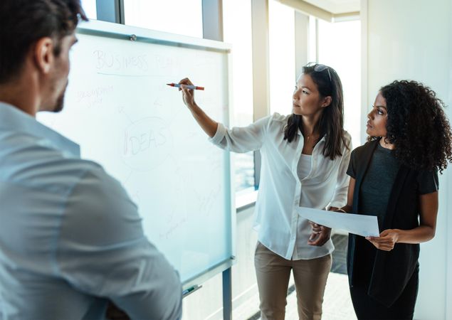 Female presenting business goals on whiteboard to colleagues