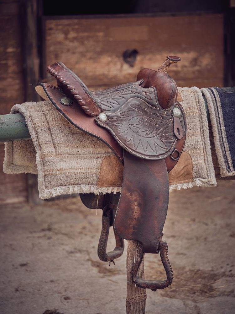 Saddle against shabby wooden stable
