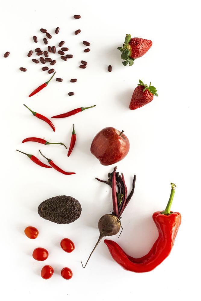 Mix of fruits and vegetables in red color