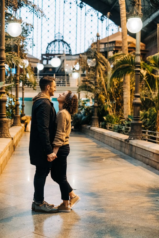 Happy couple hugging in pavilion