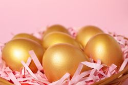 Pension rewards, returns and investment funding concepts, golden eggs