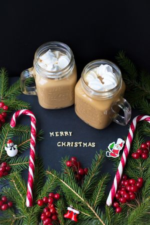 hot cocoa and candy marshmellou on the background of trees. The inscription Merry Christmas
