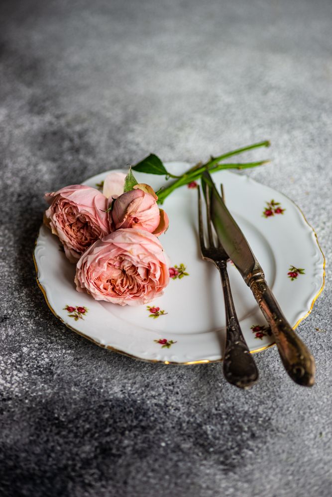 Floral card with pink roses on delicate table setting