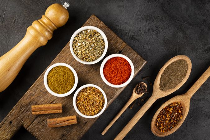 Variety of spices and seasonings on the table.