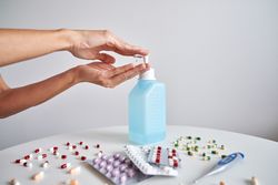 Faceless person pumping antiseptic gel into hand during coronavi