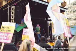 London, England, United Kingdom - March 19 2022: Man addressing crowd at anti-racism rally 5kn160