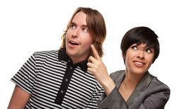 White Male and Multiethnic Female Pointing Up
