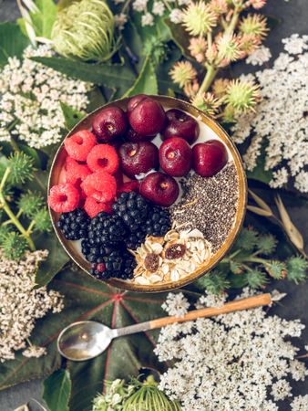 Delicious berry and yogurt breakfast bowl among plants
