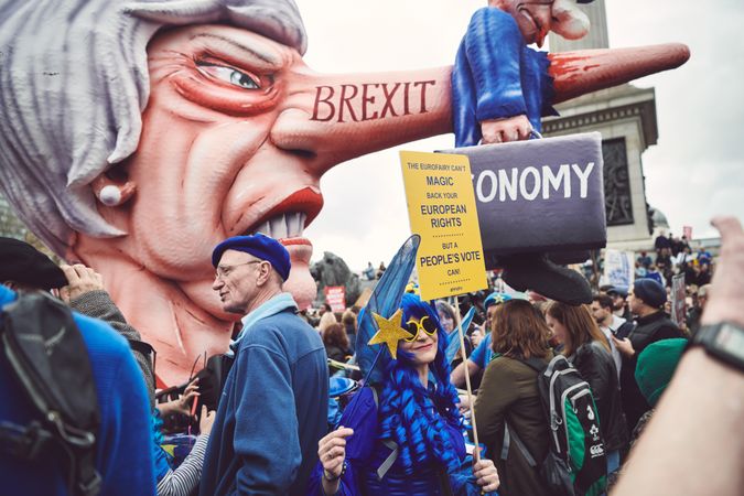 London, England, United Kingdom - March 23rd, 2019: Brexit protest with large Theresa May effigy