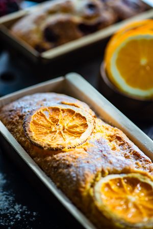 Close up of top of freshly baked orange cake