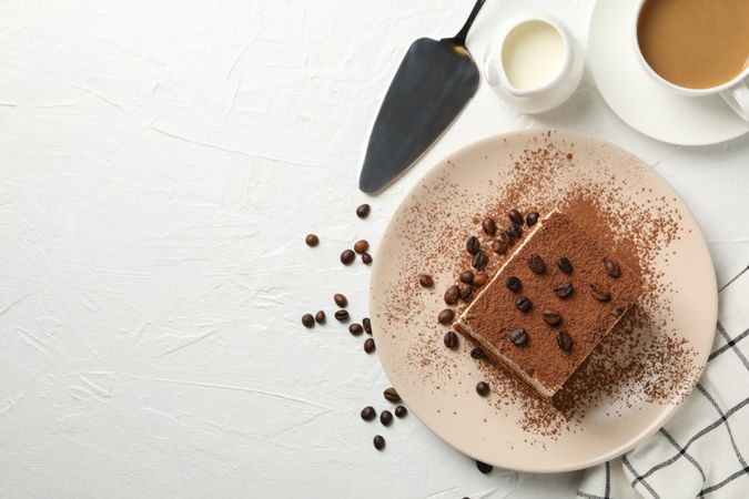Composition with plate of tasty tiramisu on light background. Delicious dessert
