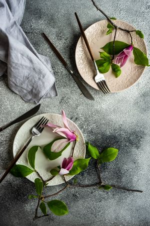Top view of two plates with magnolia flowers on grey counter