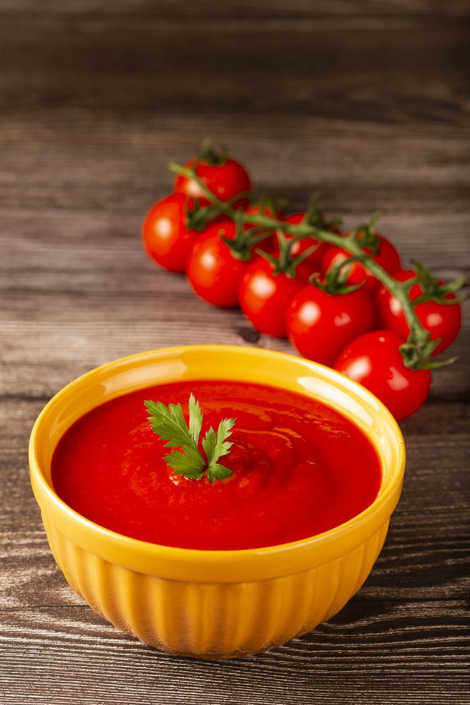 Delicious homemade tomato soup in bowl.