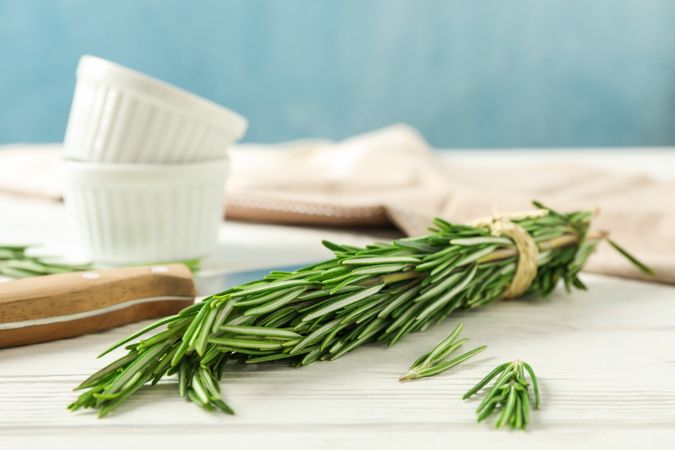 Composition with rosemary, knife, towel and sauceboats on neutral background