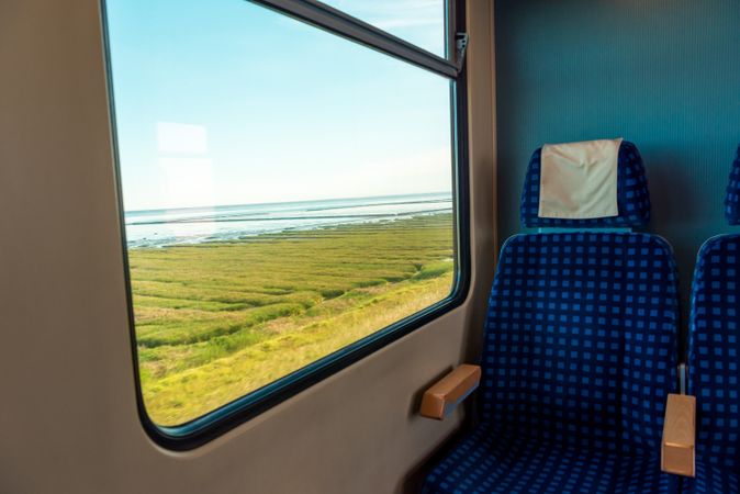 Train traveling to Sylt island, in Germany with view of Wadden Sea