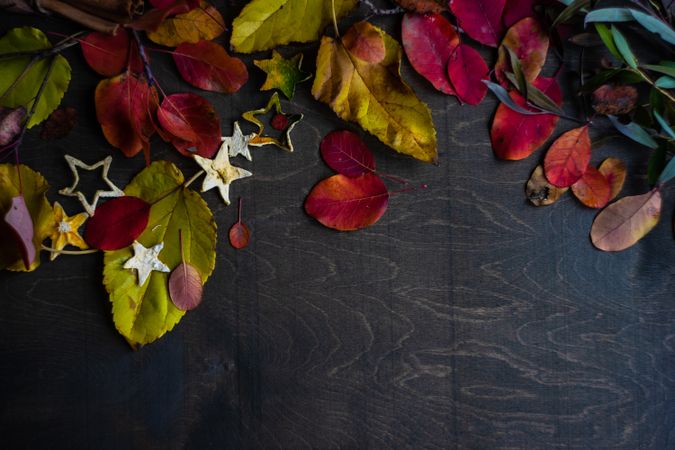 Top view of fall leaves and golden star decorations on table with copy space