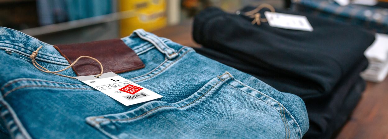 Close up of label with discount price over a blue jeans pants on vintage store