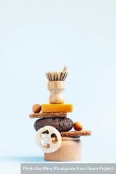 Stack of natural eco-friendly bathroom products 4dynEb