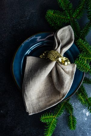 Top view of navy plate with golden napkin ring surrounded by pine branch