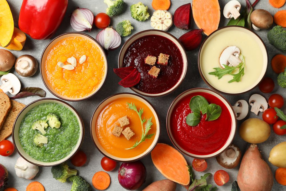 Multi-colored soups with vegetables