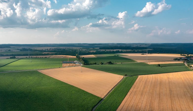 Drone aerial view of agricultural fields in a german rural area