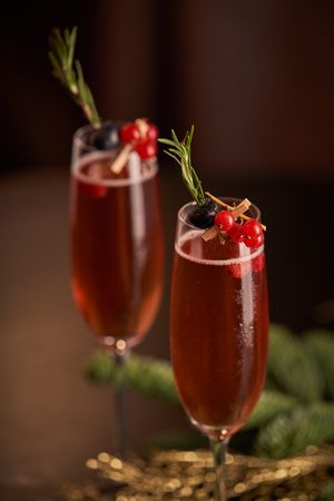 Champagne glasses on table during Christmas celebration