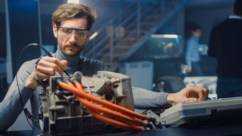 Professional Automotive Engineer in Glasses with a Computer and Inspection Tools is Testing an Used Electric Engine in a High Tech Laboratory with a Concept Car Chassis.
