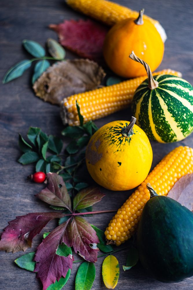Squash and corn with autumn leaves on table