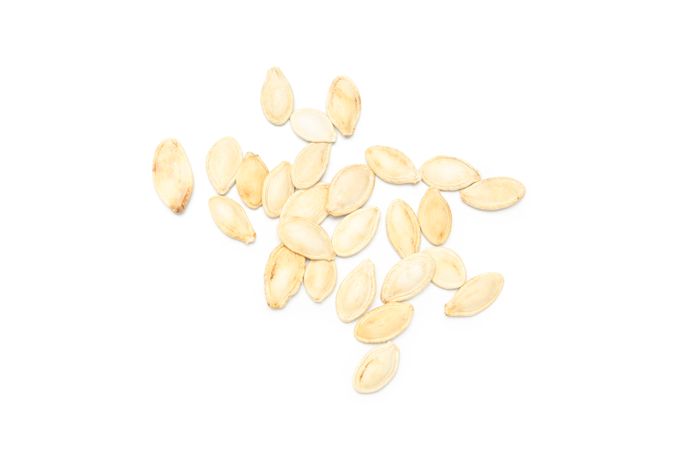 Concept of Autumn vibe food, Pumpkin, Pumpkin seeds, isolated on blank background