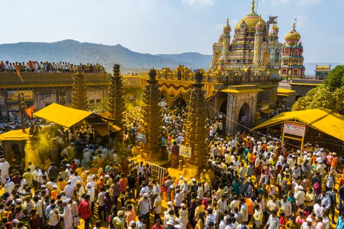 Jejuri, Maharashtra, India - Dec 30, 2024: Palkhi of Lord Khandoba at the famous and beautiful Khandoba temple at Jejuri during the festival of Somvati Amavasya