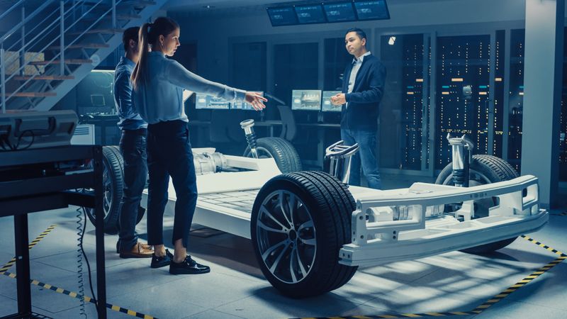 Automotive Design Engineers Talking while Working on Electric Car Chassis Prototype.