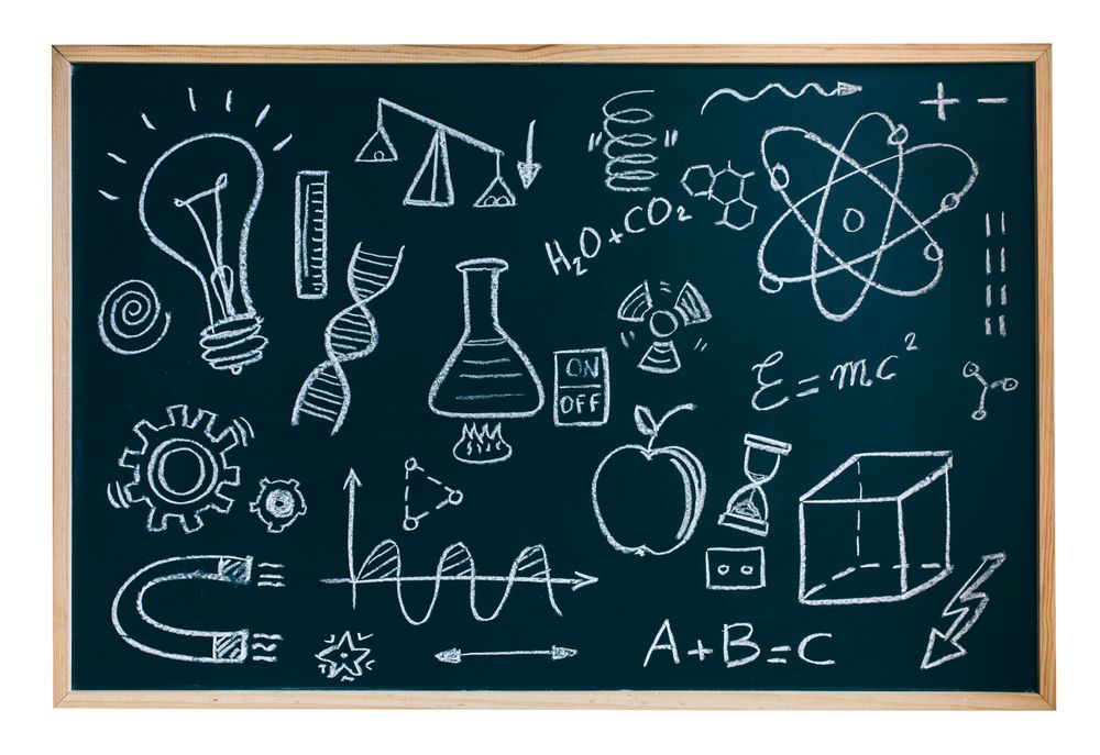 Isolated chalkboard with drawings and symbols