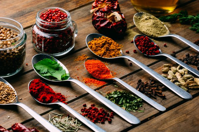 Set of various spices on table